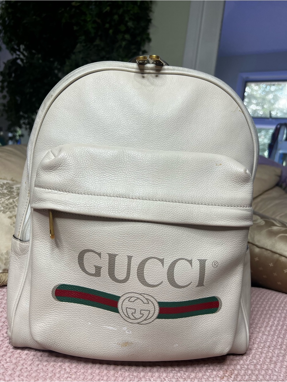 Gucci Print Large Ivory Leather Web Logo Backpack 547834
